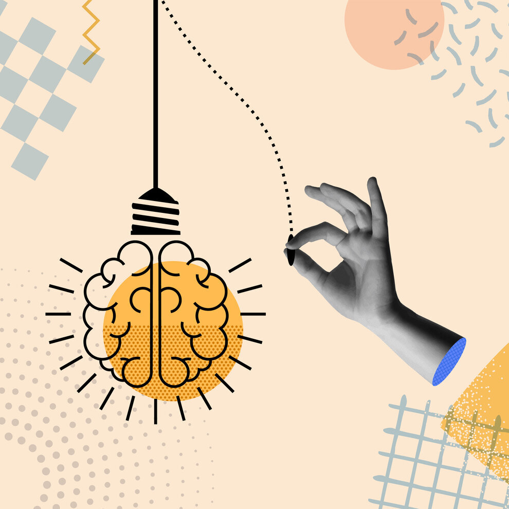 Ein minimalistisches, abstraktes Bild: Eine Glühbirne in Form eines Gehirns hängt an einem Kabel, daneben eine Hand, die eine gestrichelte Linie berührt. Im Hintergrund geometrische Muster auf beigem Untergrund.