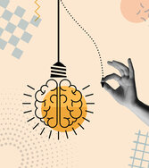 Ein minimalistisches, abstraktes Bild: Eine Glühbirne in Form eines Gehirns hängt an einem Kabel, daneben eine Hand, die eine gestrichelte Linie berührt. Im Hintergrund geometrische Muster auf beigem Untergrund.