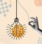 Ein minimalistisches, abstraktes Bild: Eine Glühbirne in Form eines Gehirns hängt an einem Kabel, daneben eine Hand, die eine gestrichelte Linie berührt. Im Hintergrund geometrische Muster auf beigem Untergrund.