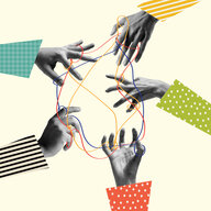 Fünf Hände auf hellem Hintergrund, die mit Schnüren verbunden sind (Retro-Collage).
