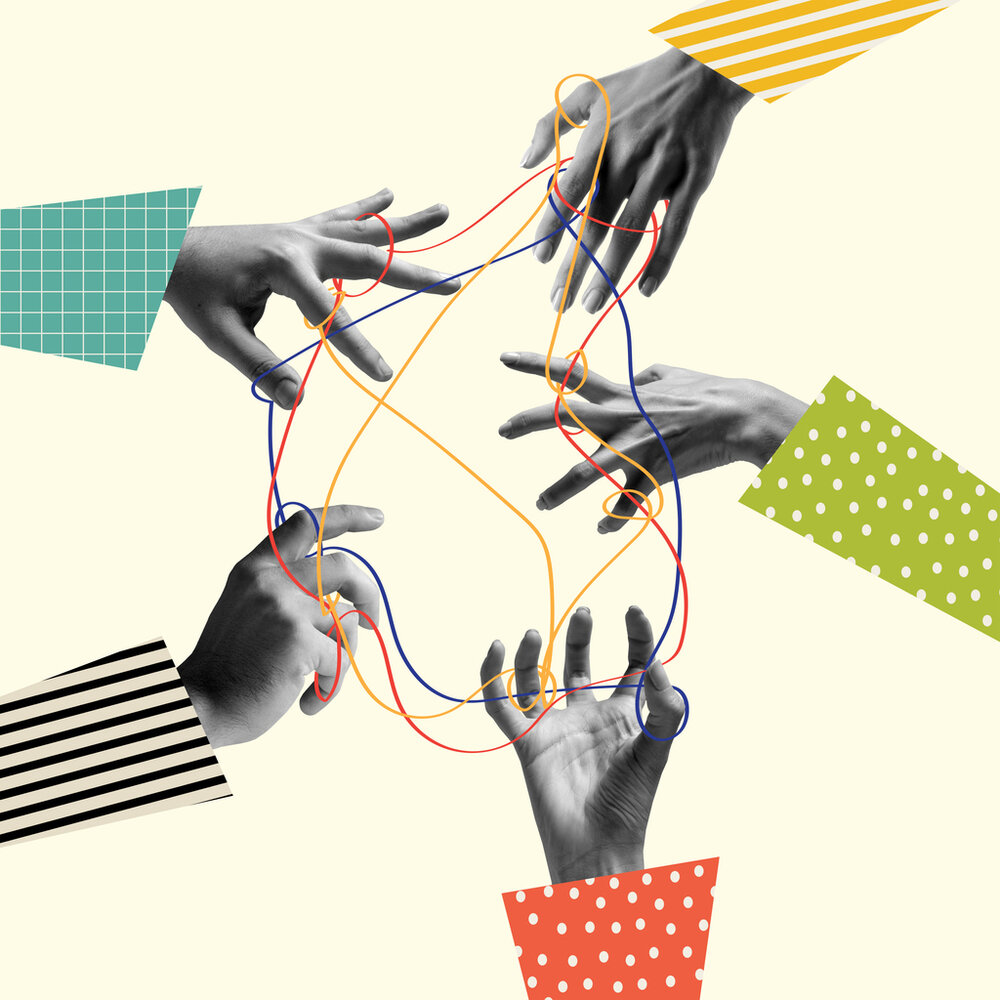 Fünf Hände auf hellem Hintergrund, die mit Schnüren verbunden sind (Retro-Collage).