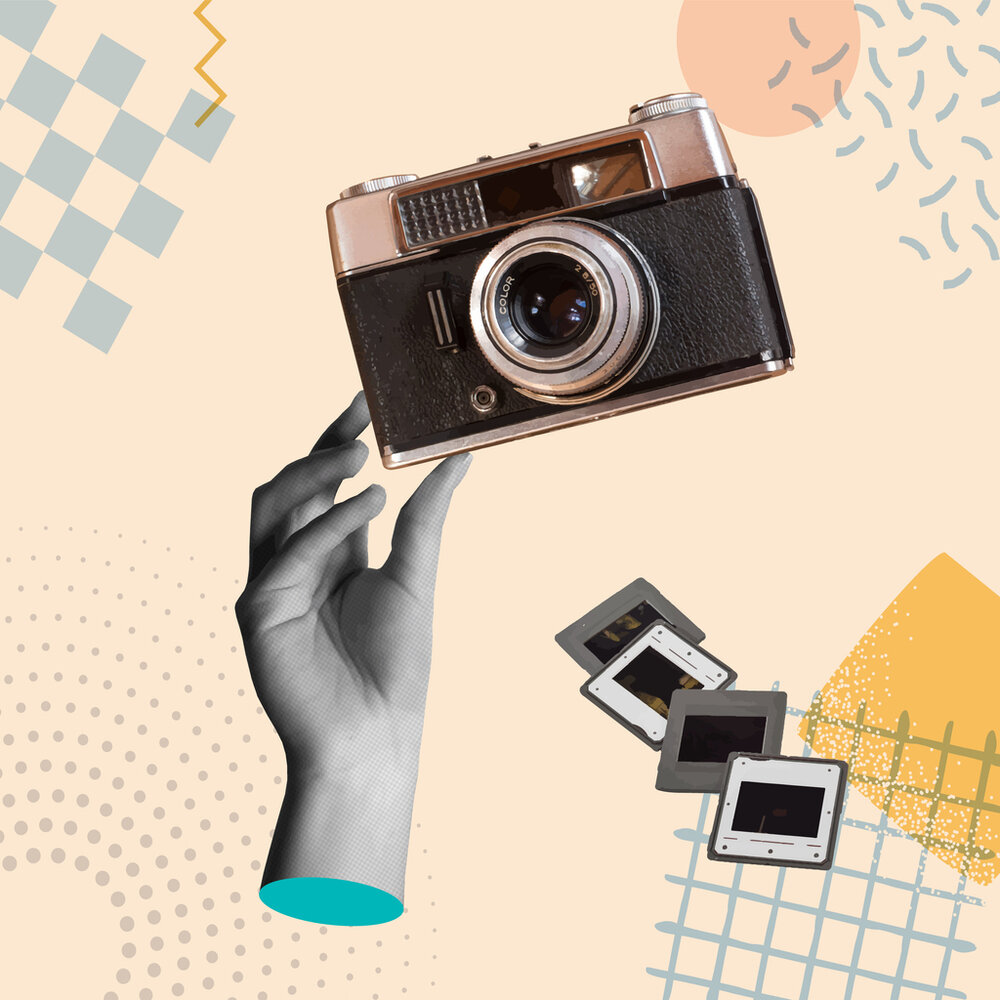 Hand mit einer Kamera (Retro-Collage).