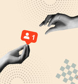 Social-Media-Follower-Symbol und Hände in Retro-Collage.