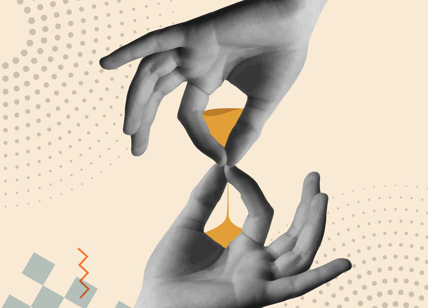 Zeitkonzept mit Sanduhr und Hand in Retro-Collage.