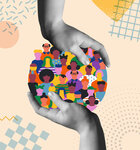 Vielfältige Menschen in Kreisform, die von menschlichen Händen gehalten werden (Retro-Collage).