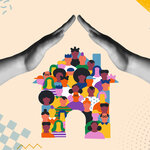 Hände, die ein Haus schützen, das aus vielfältigen Menschen besteht.