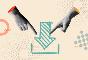 Download-Symbol und menschliche Hände in Retro-Collage.