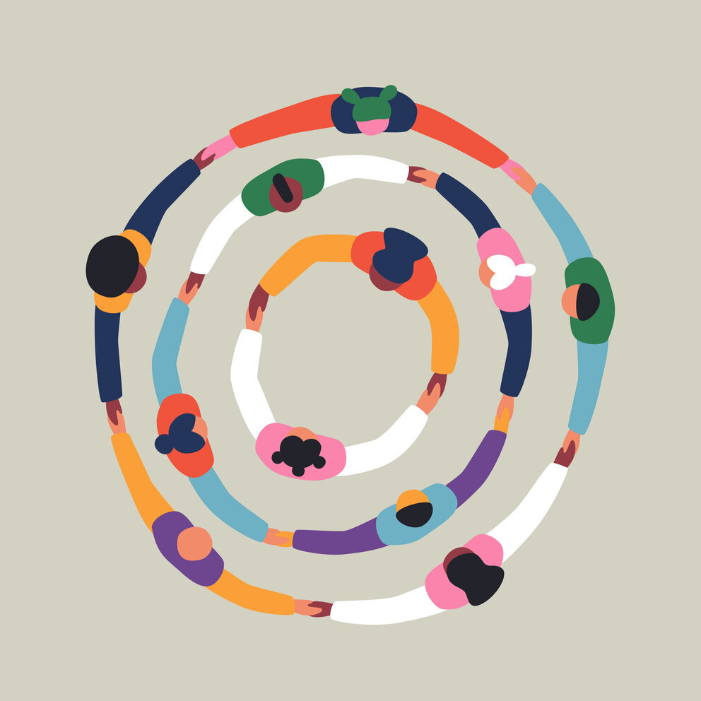 Menschen, die sich an den Händen halten und mehrere runde Kreise bilden (Retro-Collage).