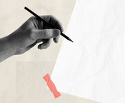 Konzeptuelles Bild einer männlichen Hand mit Bleistift und leerem Papier (Retro-Collage).