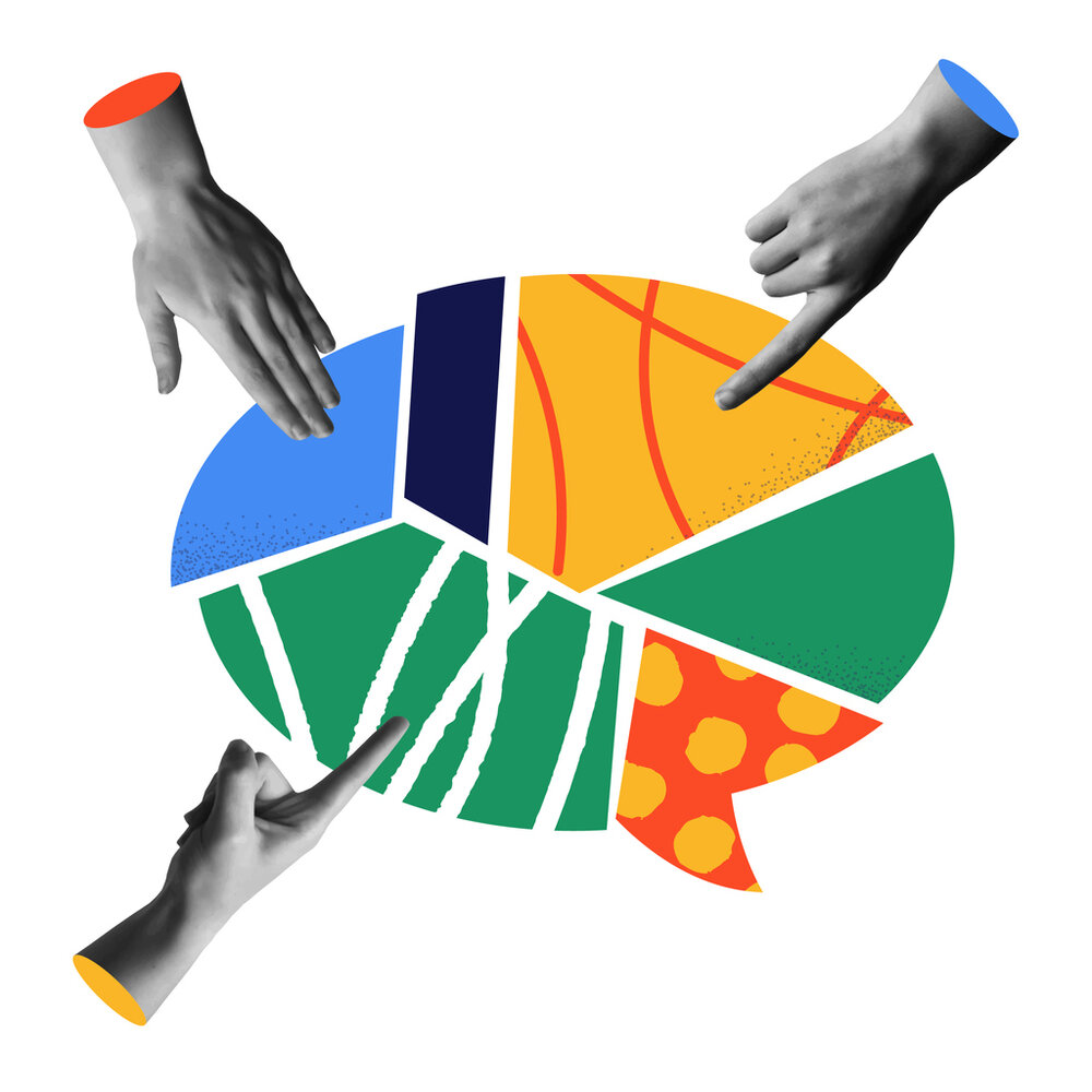 Finger zeigen auf eine aus mehreren Teilen bestehende Textblase (Retro-Collage).