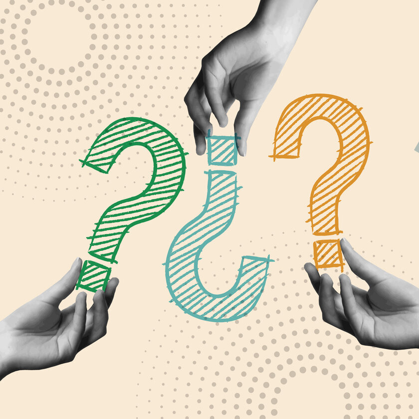 Fragezeichen und menschliche Hände in Retro-Collage.